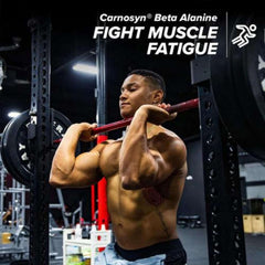 Muscular man doing front squat with barbell in gym under Fight Muscle Fatigue sign and Cellucor C4 pre workout powder