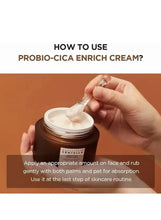Face cream jar with hand applying white cream, “How to use Probio-Cica Enrich Cream”