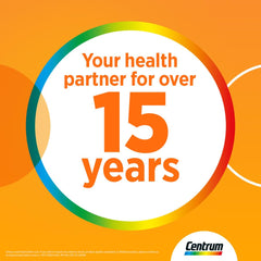 Centrum Energy multivitamin tablets promotional orange banner with Your health partner for over 15 years text and Centrum logo