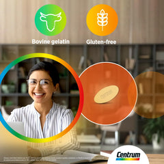 Smiling woman in office with close up of Centrum Energy multivitamin tablets pill and dietary icons