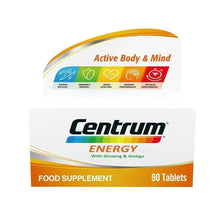 Centrum Energy Energy food supplement box, 90 tablets label and Active Body & Mind badge