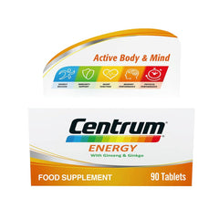 Box of Centrum Energy multivitamin tablets 90 count food supplement with ginseng and ginkgo for active body and mind