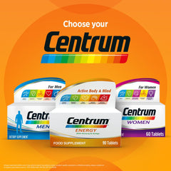 Three Centrum boxes on orange background featuring Centrum Energy multivitamin tablets 90 count with Men and Women variants