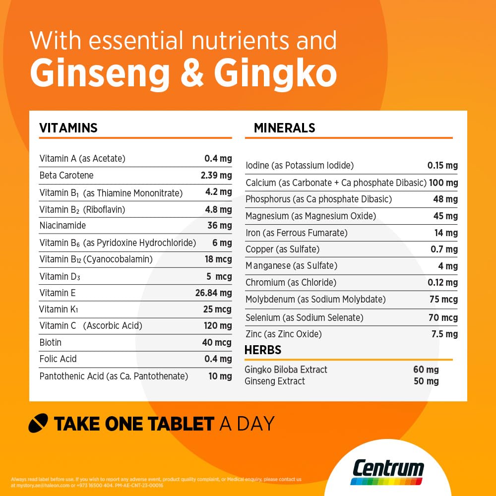 Centrum Energy multivitamin tablets supplement panel listing vitamins minerals ginseng gingko and dosage instruction