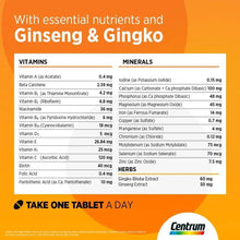 Centrum Energy supplement facts panel with vitamins and minerals, ginseng and gingko