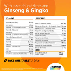 Centrum Energy multivitamin tablets supplement panel listing vitamins minerals ginseng gingko and dosage instruction