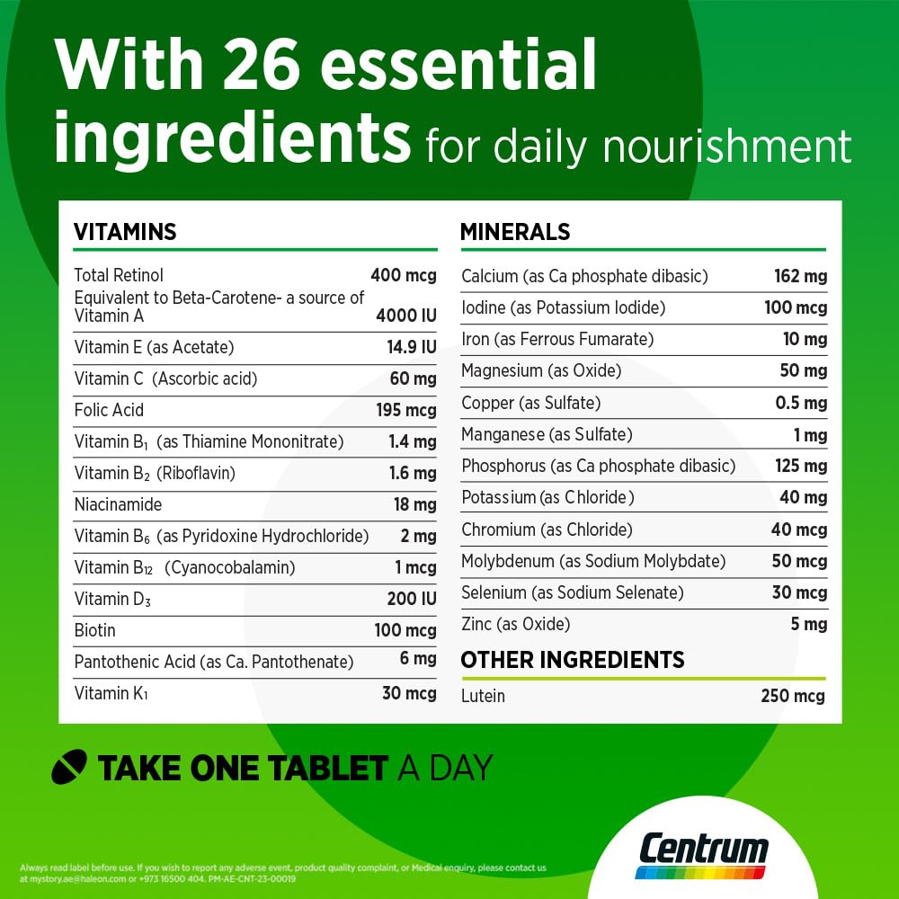 Centrum multivitamin for adults label showing 26 essential vitamins and minerals table and take one tablet a day