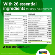 Centrum multivitamin supplement facts panel with vitamins and minerals chart