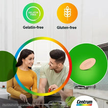 Centrum multivitamin tablets featuring gelatin-free and gluten-free seals