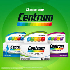 Centrum multivitamin for adults box with lutein 30 tablets displayed alongside Men and Women formulas on green background