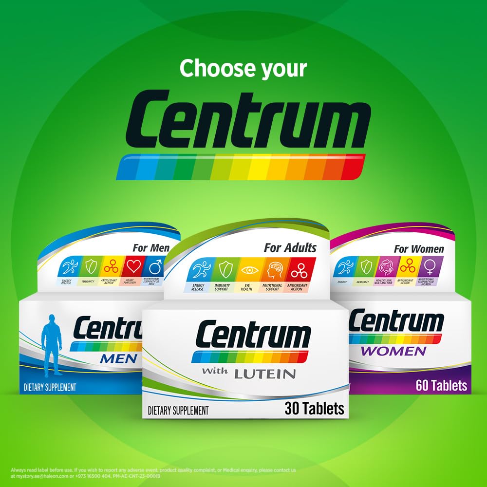 Centrum multivitamin for adults box with lutein 30 tablets displayed alongside Men and Women formulas on green background
