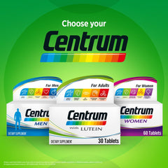 Centrum multivitamin for adults box with lutein 30 tablets displayed alongside Men and Women formulas on green background