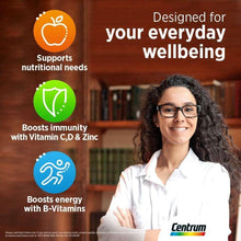 Centrum multivitamin for adults supplement ad with wellness icons and brand logo