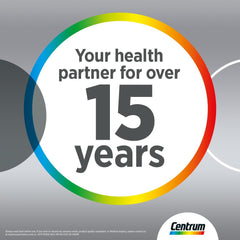 Centrum Silver 50 Plus multivitamin promotional badge reading Your health partner for over 15 years with logo