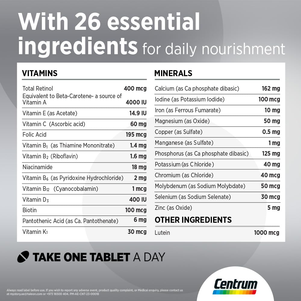 Centrum Silver 50 Plus multivitamin label showing 26 essential vitamins and minerals and take one tablet a day