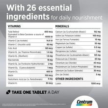 Multivitamin ingredients panel with 26 essentials and take one tablet a day