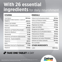 Centrum Silver 50 Plus multivitamin label showing 26 essential vitamins and minerals and take one tablet a day