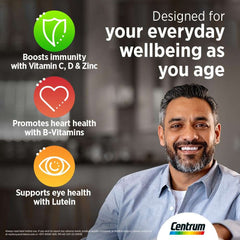 Centrum Silver 50 Plus multivitamin bottle ad showing smiling older man and icons for immunity heart and eye health