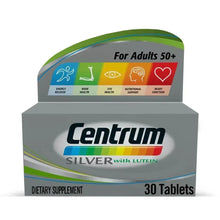 Multivitamin tablets box for adults 50+, Centrum Silver with lutein, 30 tablets