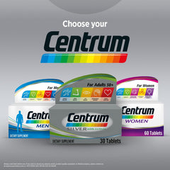 Centrum Silver 50 Plus multivitamin box with Centrum Men and Women packages in background