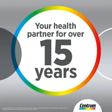 15 years health partner badge with Centrum logo on multivitamin packaging