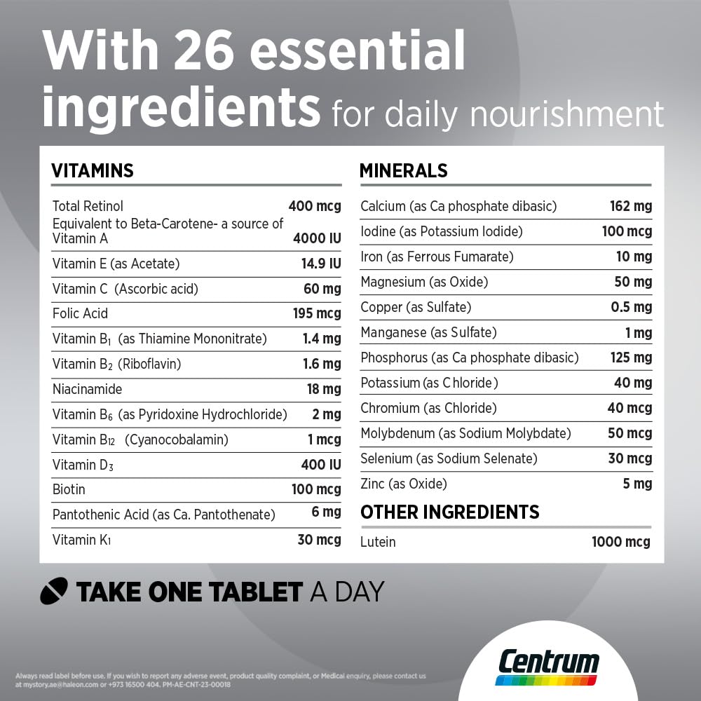 Centrum Silver 50 Plus multivitamin UAE label showing 26 essential vitamins and minerals and Take one tablet a day
