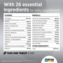 Centrum Silver supplement facts panel listing 26 ingredients, vitamins and minerals