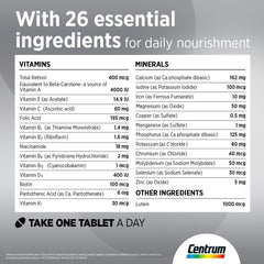 Centrum Silver 50 Plus multivitamin UAE label showing 26 essential vitamins and minerals and Take one tablet a day