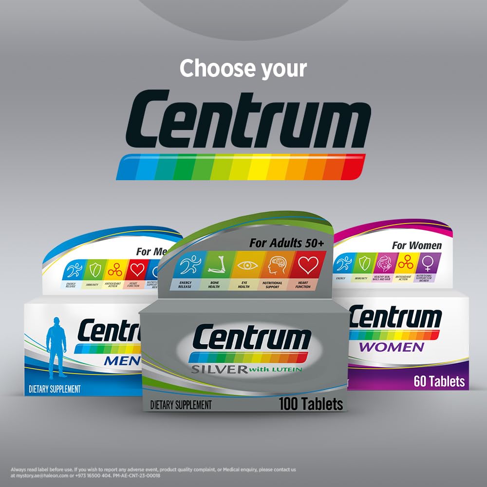 Centrum Silver 50 Plus multivitamin UAE showing Centrum Silver with lutein 100 tablets and Men and Women boxes