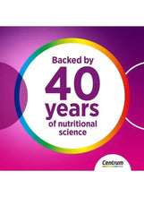 Multivitamin badge reading backed by 40 years of nutritional science