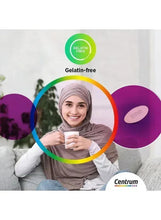 Gelatin-free women’s multivitamin package with smiling woman holding a cup