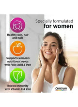 Women’s multivitamin marketing card with smiling woman and health icons