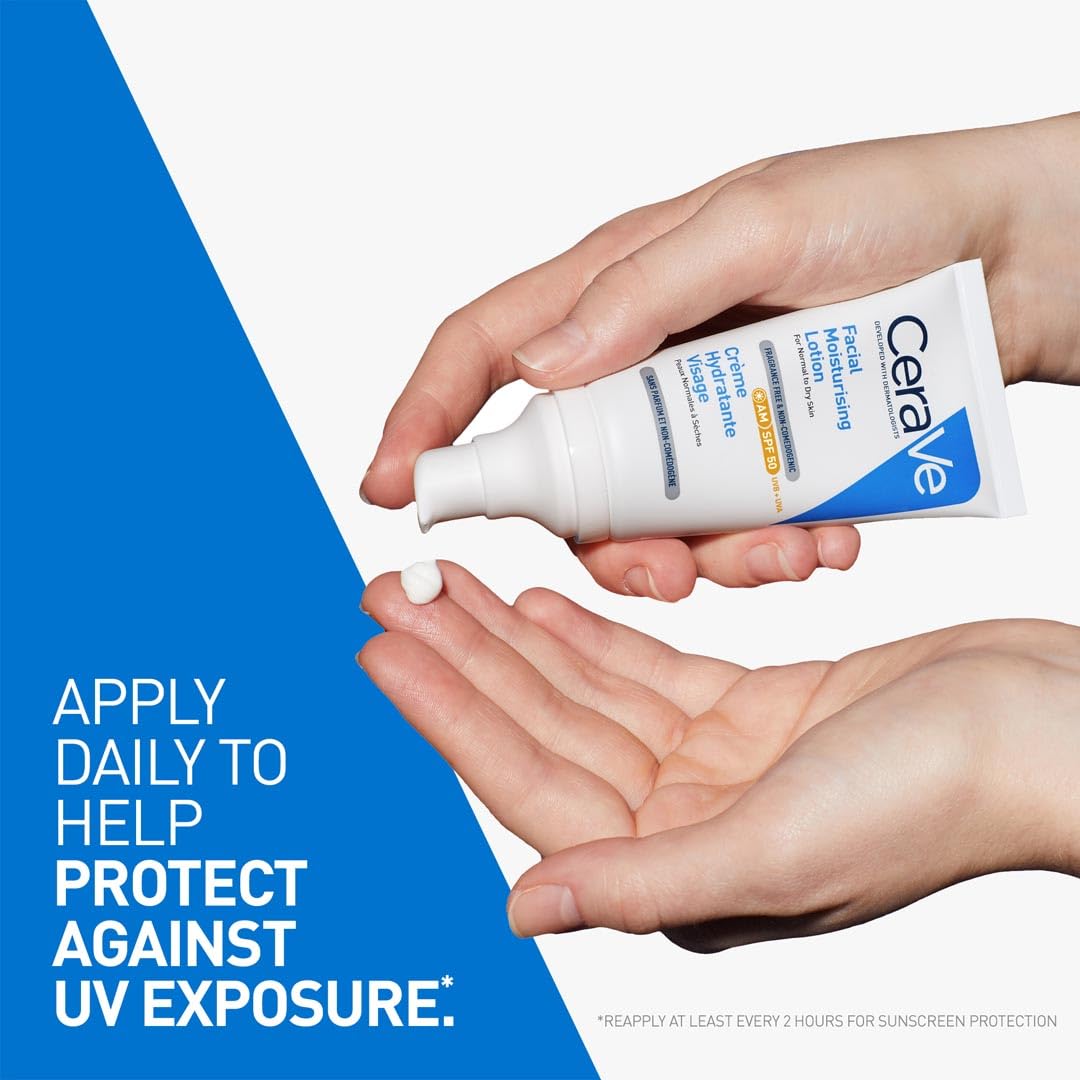 CeraVe AM Moisturizing Lotion SPF 50 UAE being applied to hands for daily sun protection