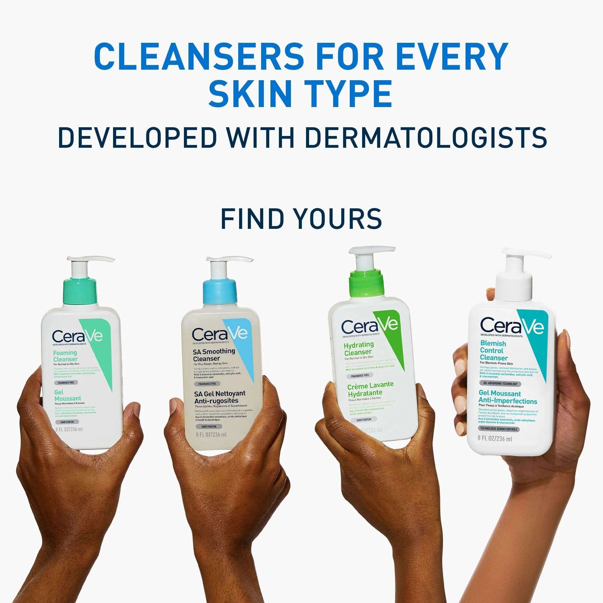 CeraVe blemish control facial wash alongside other skin care cleansers for various skin types