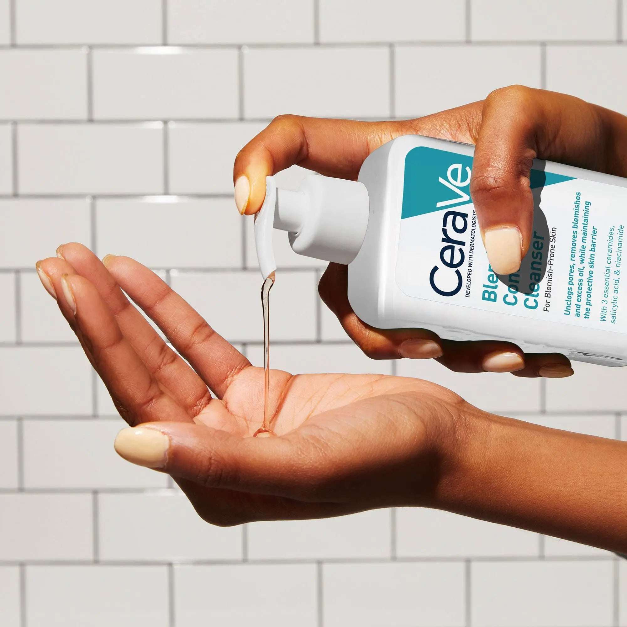 CeraVe blemish control facial wash being dispensed into a hand for effective acne treatment