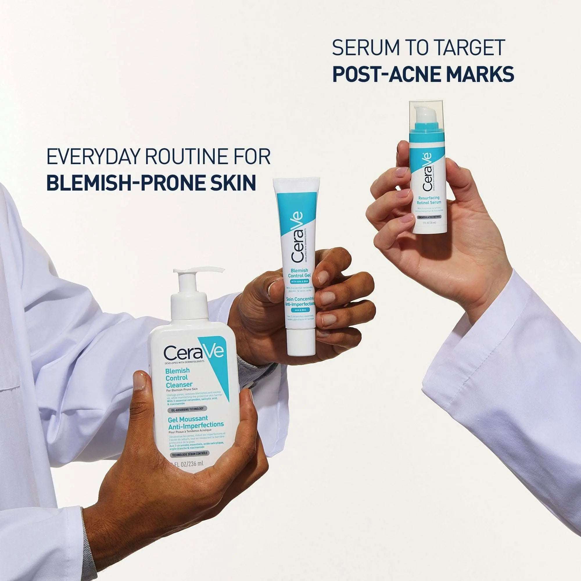 CeraVe blemish control facial wash and serum for everyday use on blemish-prone skin
