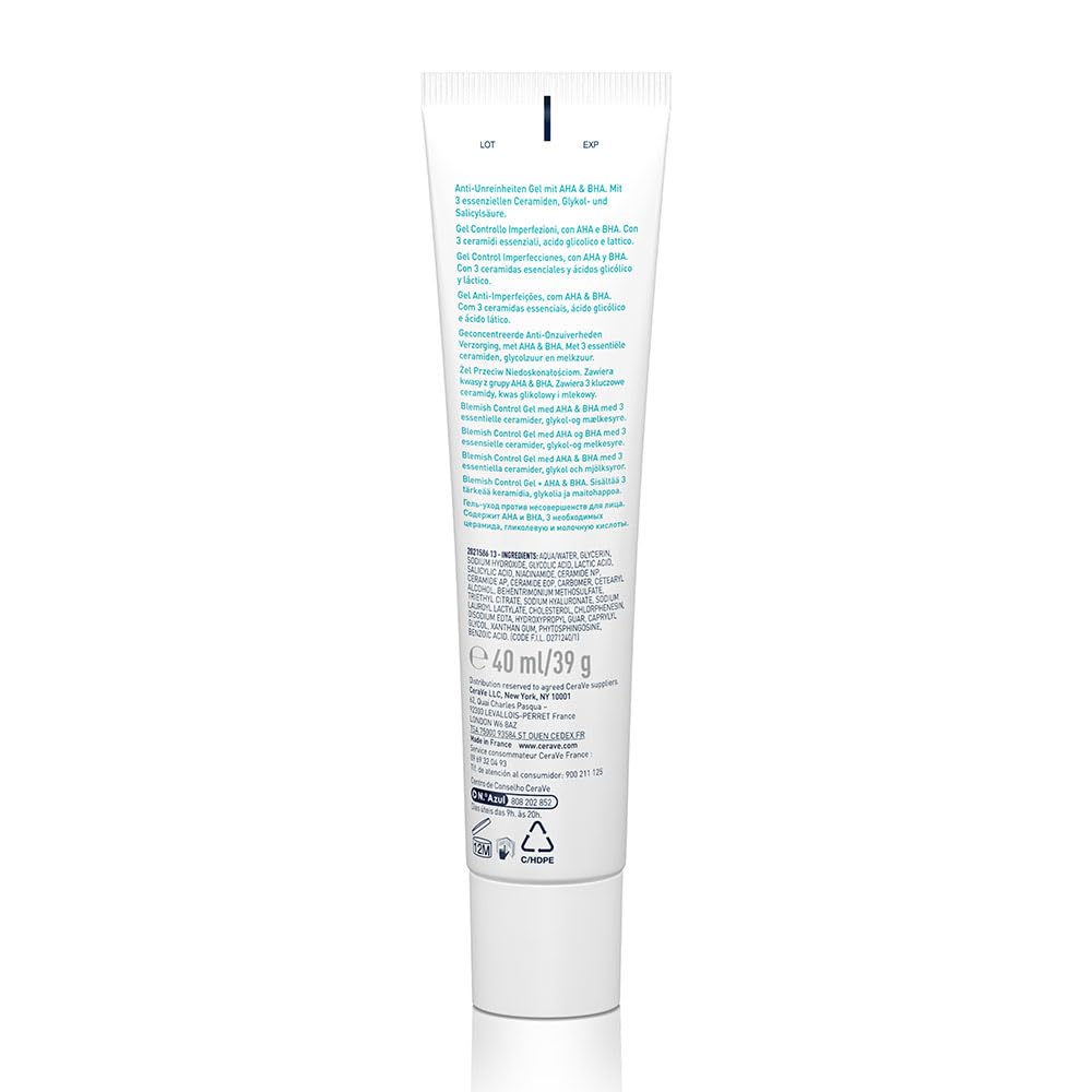 CeraVe blemish control gel in a 40ml tube for treating and preventing acne breakouts
