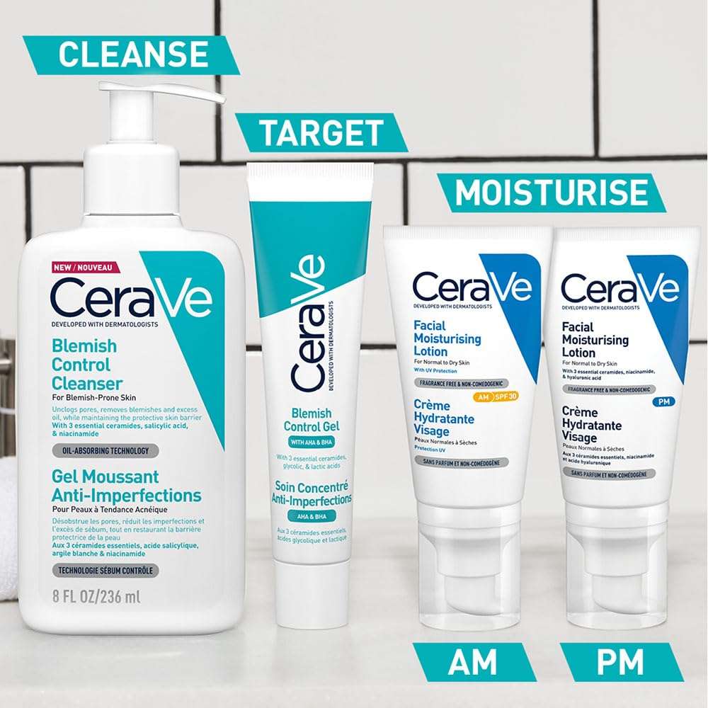 CeraVe blemish control gel with blemish control cleanser and moisturizing lotion for daily skincare routine