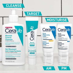 CeraVe blemish control gel with blemish control cleanser and moisturizing lotion for daily skincare routine