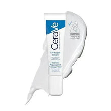 Eye repair cream tube with blue label and cream smear, side view