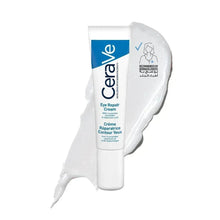 Eye repair cream tube with blue label and cream swatch behind it