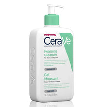 CeraVe foaming cleanser pump bottle, white with green cap; 16 fl oz bottle