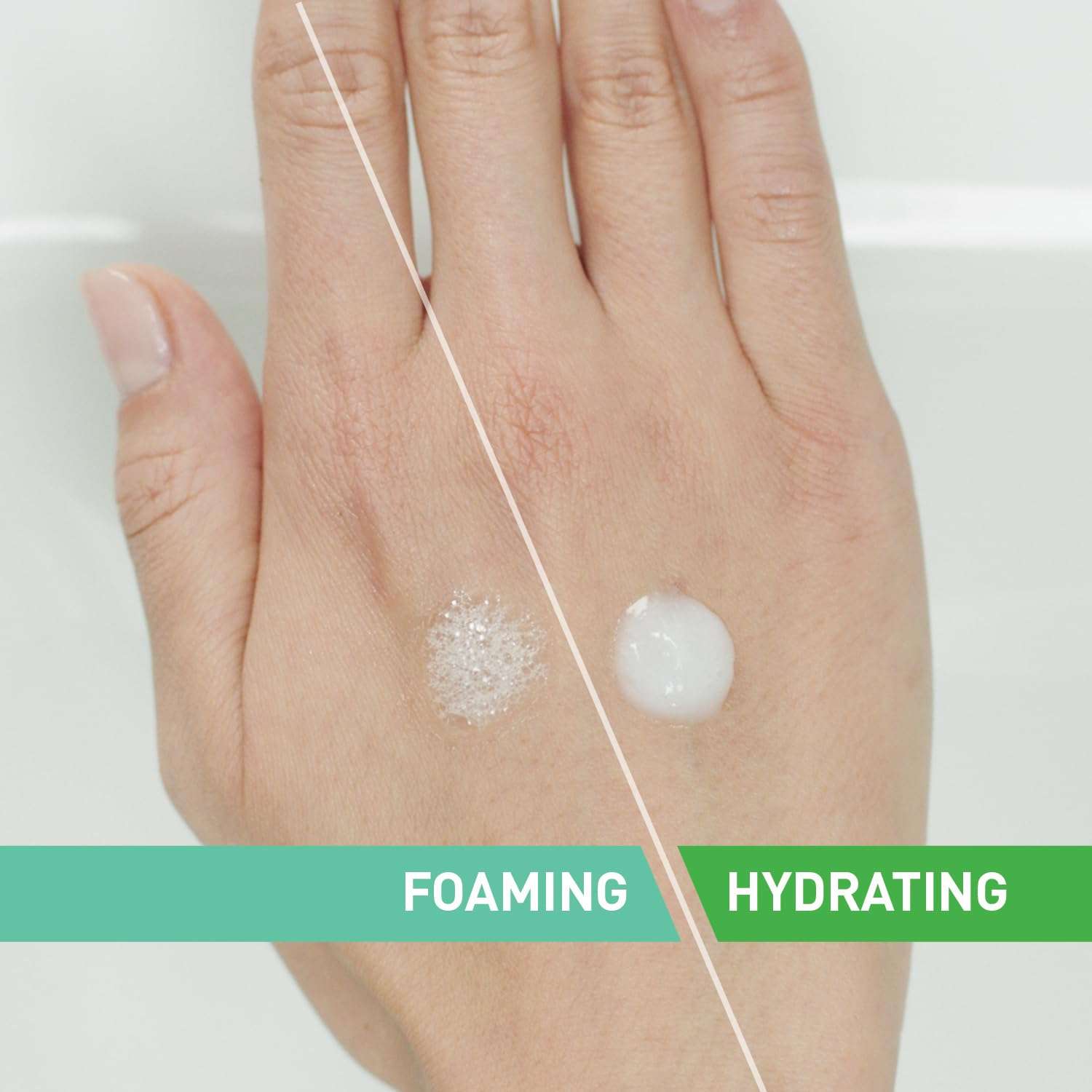 CeraVe foaming cleanser for oily skin applied on a hand showing foaming and hydrating textures