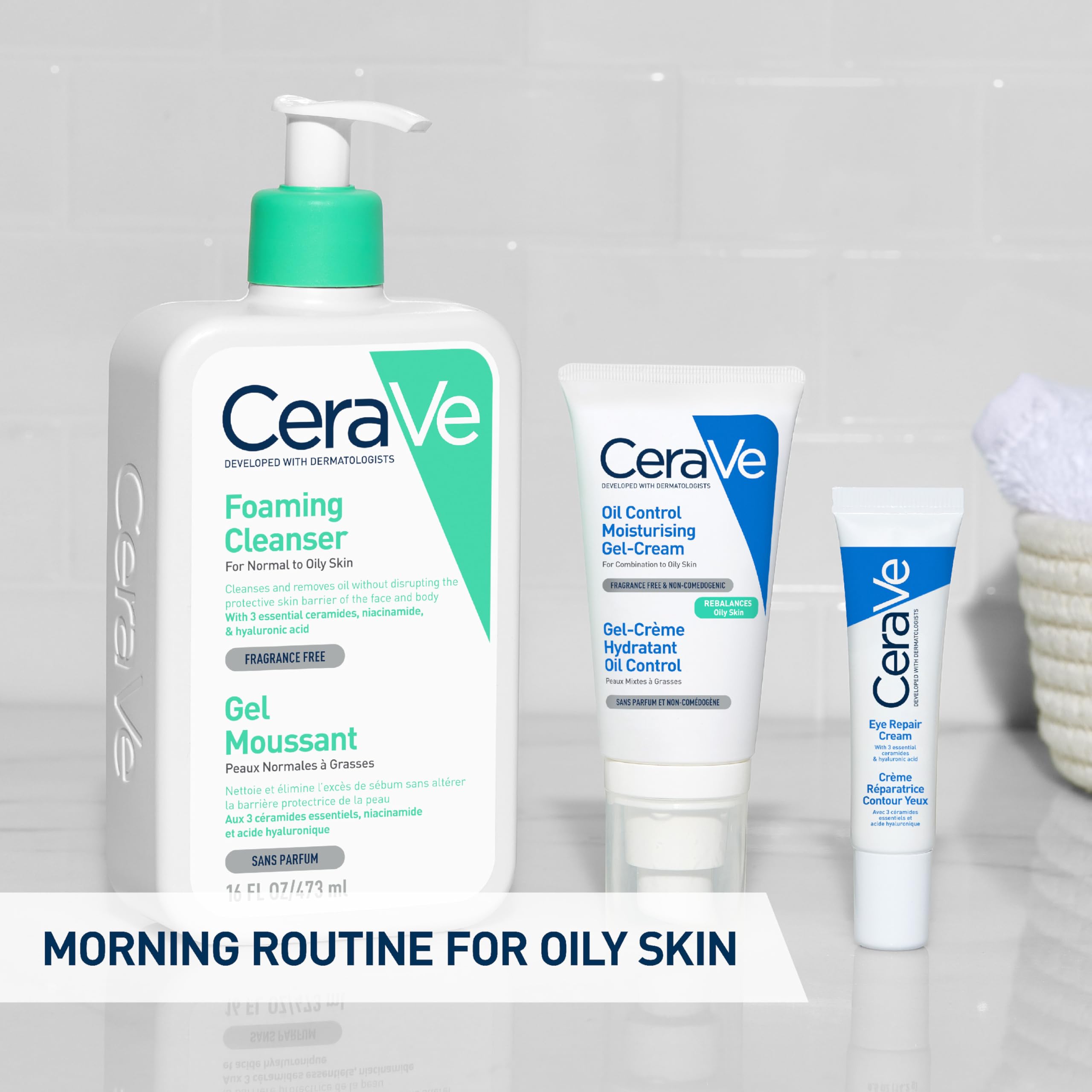 CeraVe oil control gel cream for oily skin alongside foaming cleanser and eye repair cream