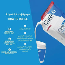 CeraVe how-to-refill steps shown with refill pouch and open cap