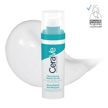 Resurfacing retinol serum bottle with teal label and clear pump, beside white cream