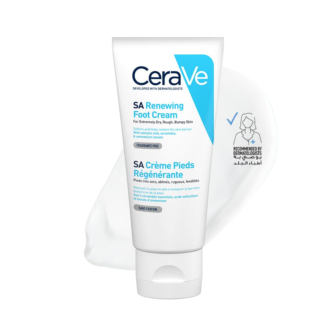 CeraVe SA Foot Renewal Cream in a tube for exfoliating dry and rough skin on feet
