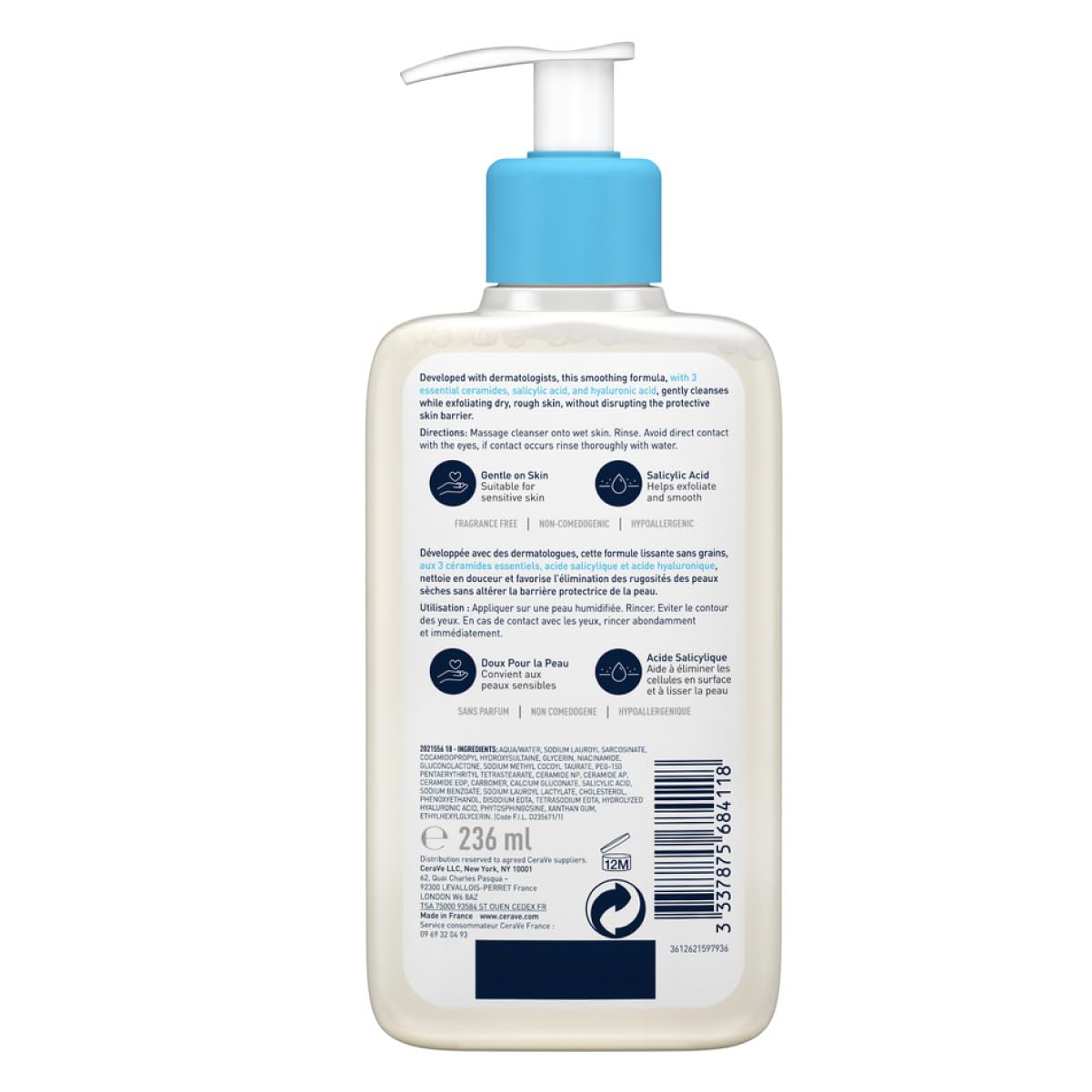 CeraVe salicylic acid face wash in a 236 ml bottle with pump for gentle cleansing