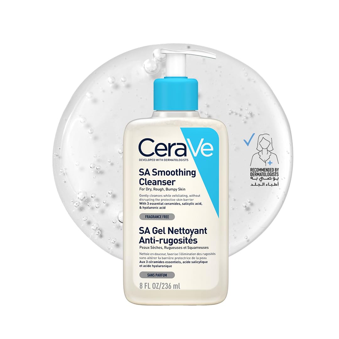 CeraVe salicylic acid face wash in an 8 fl oz bottle designed for dry and rough skin