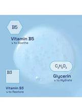 Facial cleanser ingredient panel with Vitamin B5, Vitamin B3, and glycerin